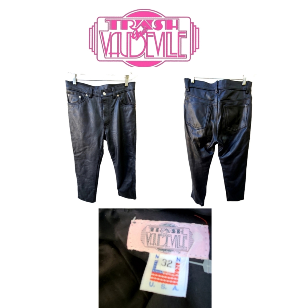 VINTAGE TRASH AND VAUDEVILLE BLACK LEATHER PANTS SIZE 32 - Picture 1 of 6